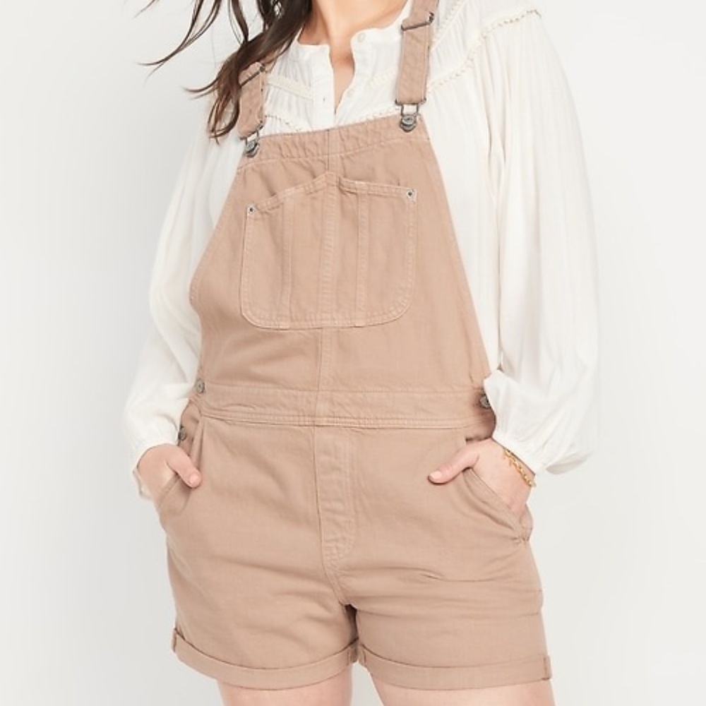 Beige Slouchy Straight Ecru Non-Stretch Jean Short Overalls